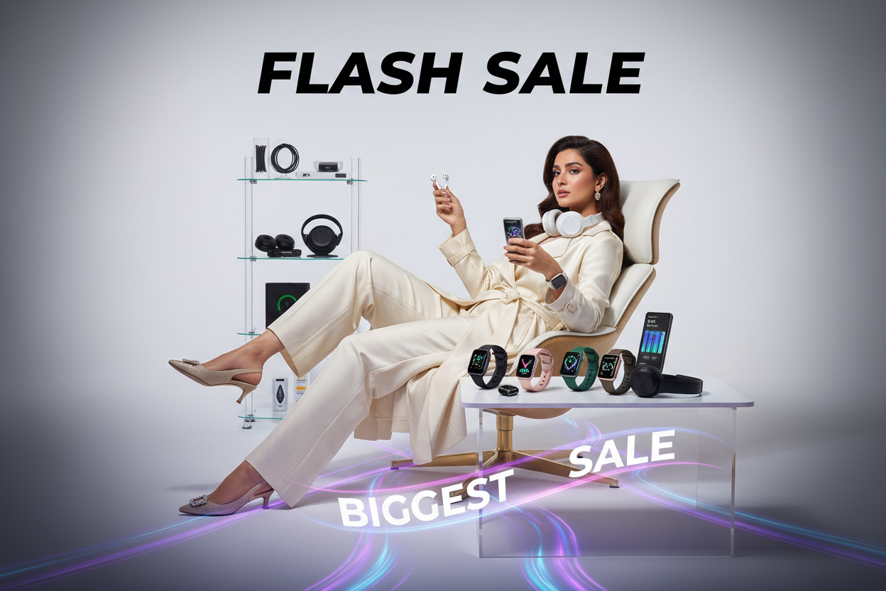 A famous Pakistani female model sitting slightly angled on a chair, casually stylish pose, holding tech products in her hands (white AirPods, smart watches, and AirPods Max headphones), with additional tech products clearly and prominently placed in front and behind her, ultra realistic, wide white background matching Shopify theme, subtle dark gradient with elegant multicolor highlights rising from the center, text "Flash Sale" displayed once prominently and "Biggest Sale" creatively visible, products ultr